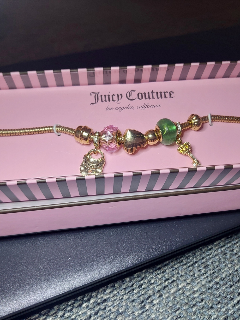 Juicy Couture Gold Tone Charm Bracelet with Pink and Green Beads